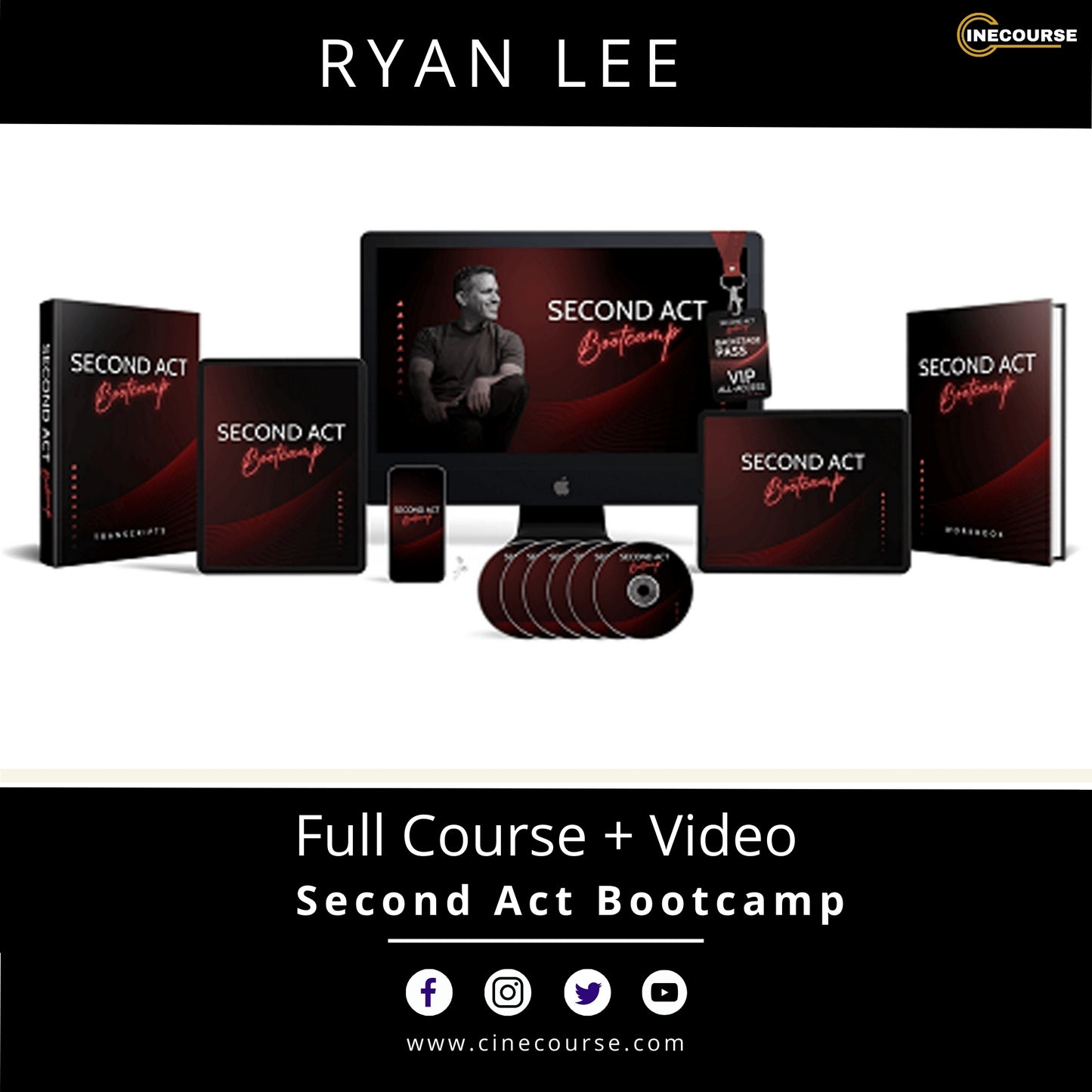 Promotional image of 'Second Act Bootcamp' course materials including books, a computer screen, and DVDs.