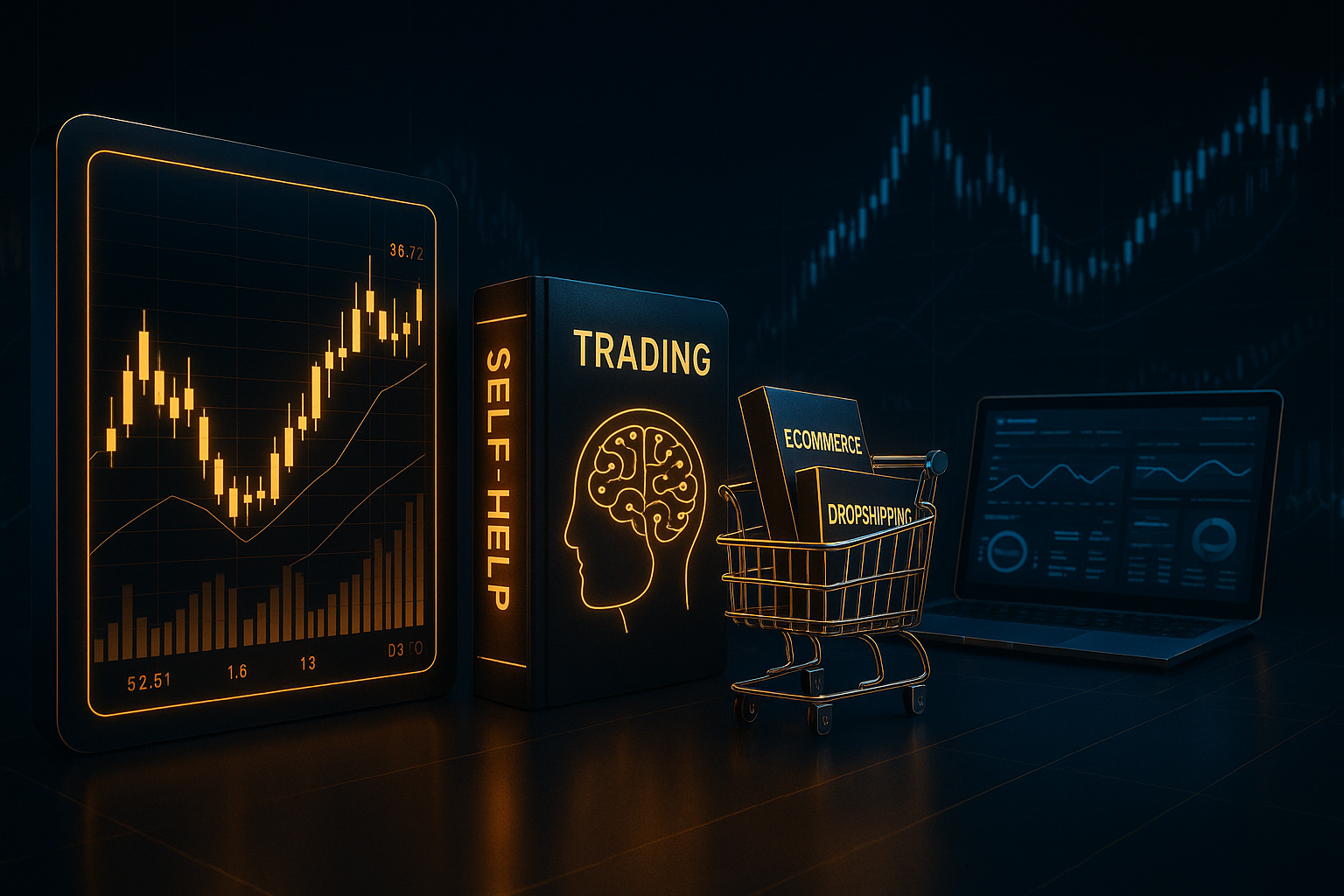 A premium futuristic digital background for an online store selling trending courses in trading, self-help, dropshipping, and e-commerce, featuring glowing holographic stock charts and candlestick patterns, motivational books and brain icons, shopping carts and product boxes, and laptop screens with digital dashboards, all integrated into a dark high-tech environment with gold and deep blue neon accents, ultra detailed, cinematic lighting, 8K resolution, perfect for a modern e-commerce banner