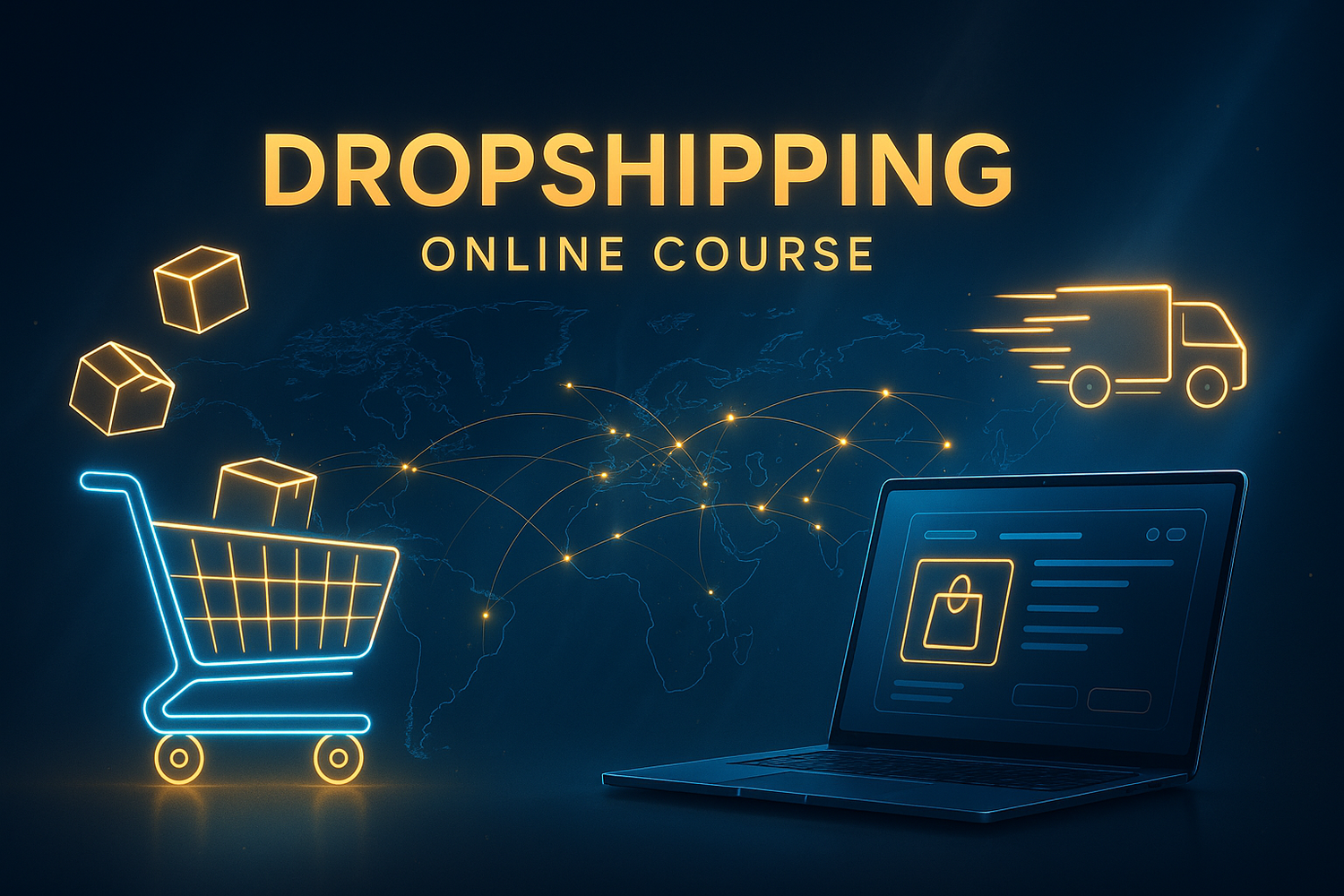Ecommerce and Dropshipping online course illustration showing a shopping cart, delivery boxes, and digital icons, representing training programs for building and scaling an online store