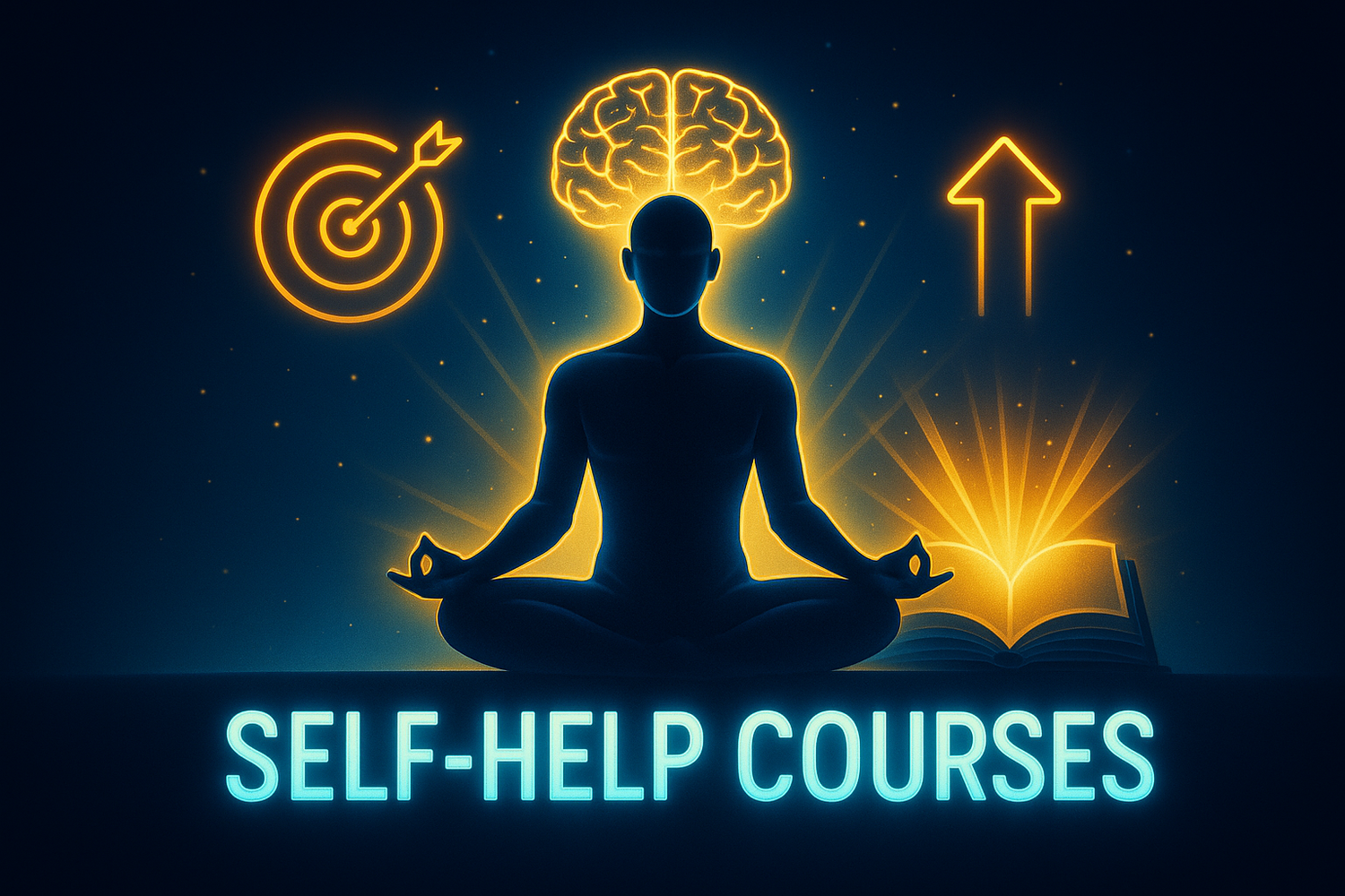 Self-Help Courses illustration with meditation and self-growth icons – online personal development and self-improvement training