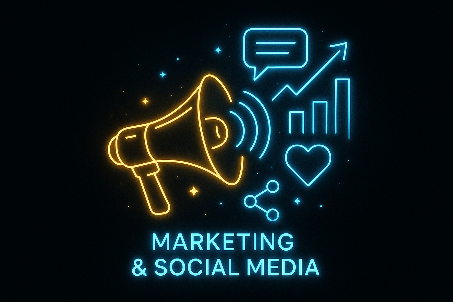 Marketing & Social Media online courses banner featuring a megaphone, chat bubble, heart, and growth chart icons, representing digital marketing, branding, and social media strategies.