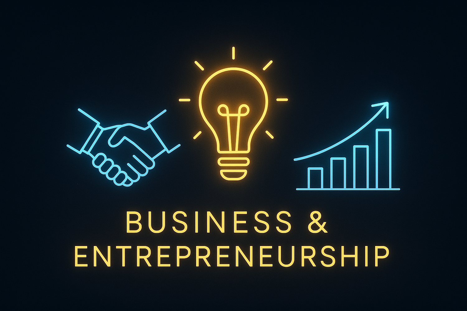 Business & Entrepreneurship online course collection – icon of light bulb, handshake, and growth chart representing innovation, leadership, and business success.