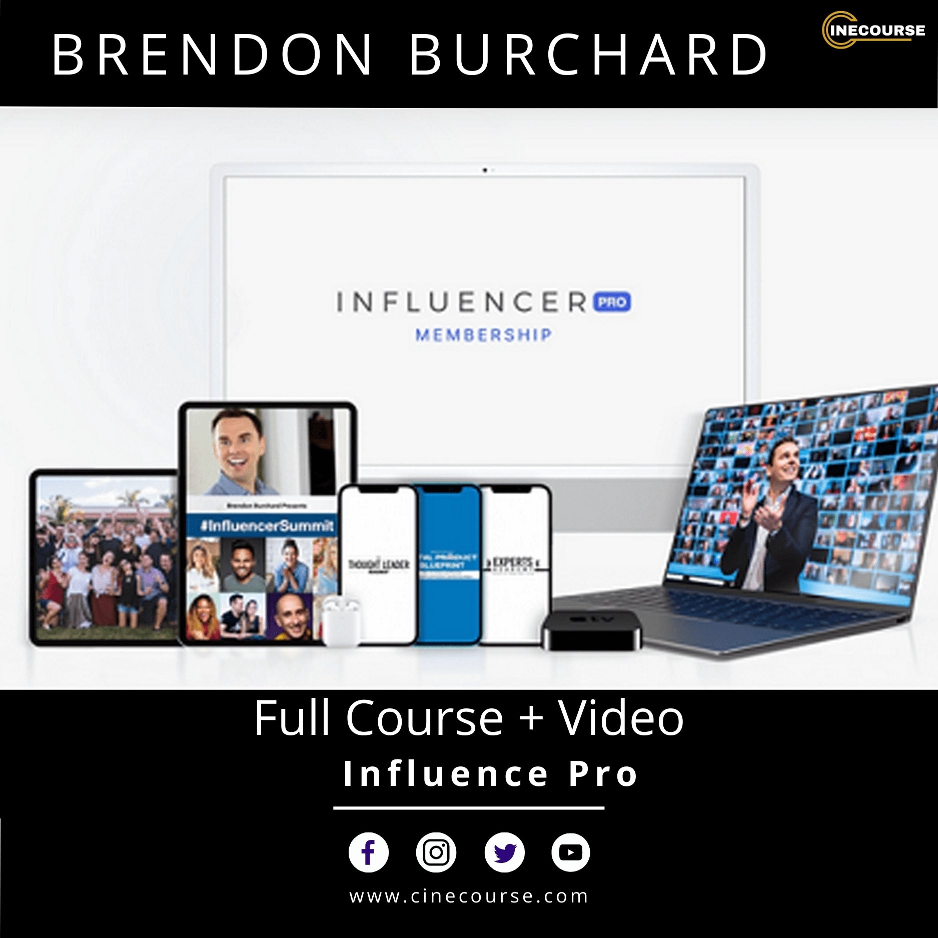 Promotional image for 'Influence Pro' membership with devices displaying content and branding.
