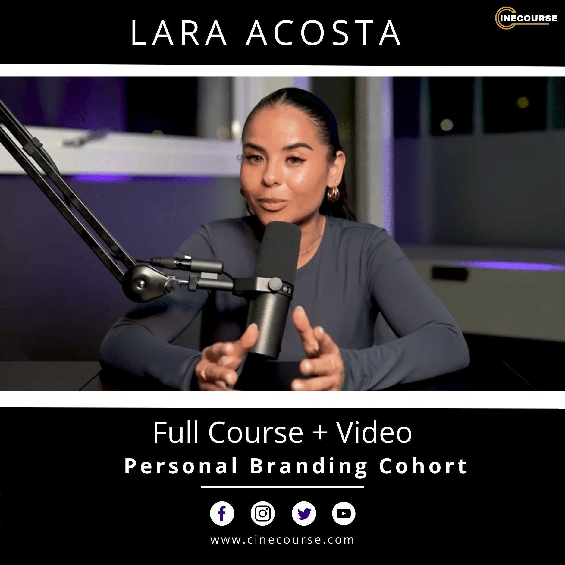 Woman speaking into a microphone with text about a personal branding cohort on a black background