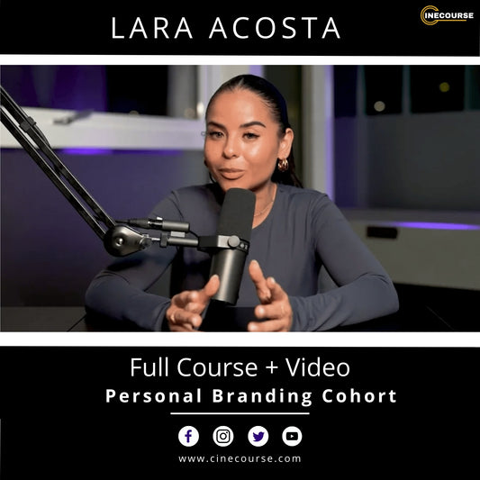 Woman speaking into a microphone with text about a personal branding cohort on a black background