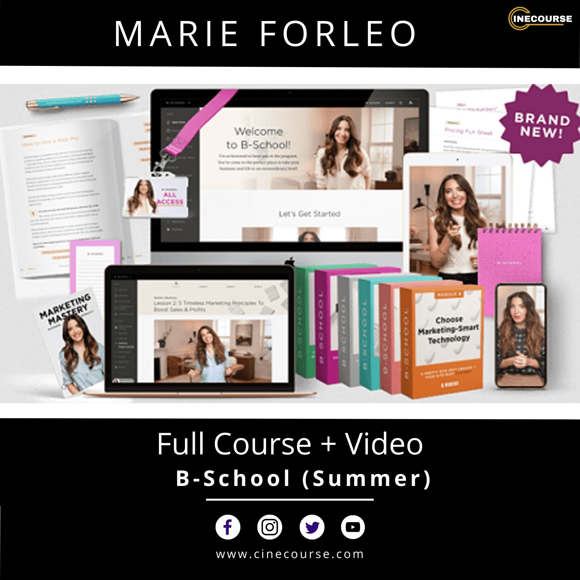 Educational materials and digital products with Marie Forleo branding on a white background