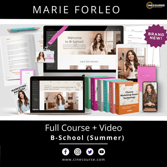Educational materials and digital products with Marie Forleo branding on a white background