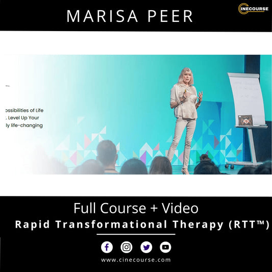 Person on stage presenting with a screen behind them, promoting 'Rapid Transformational Therapy' course.
