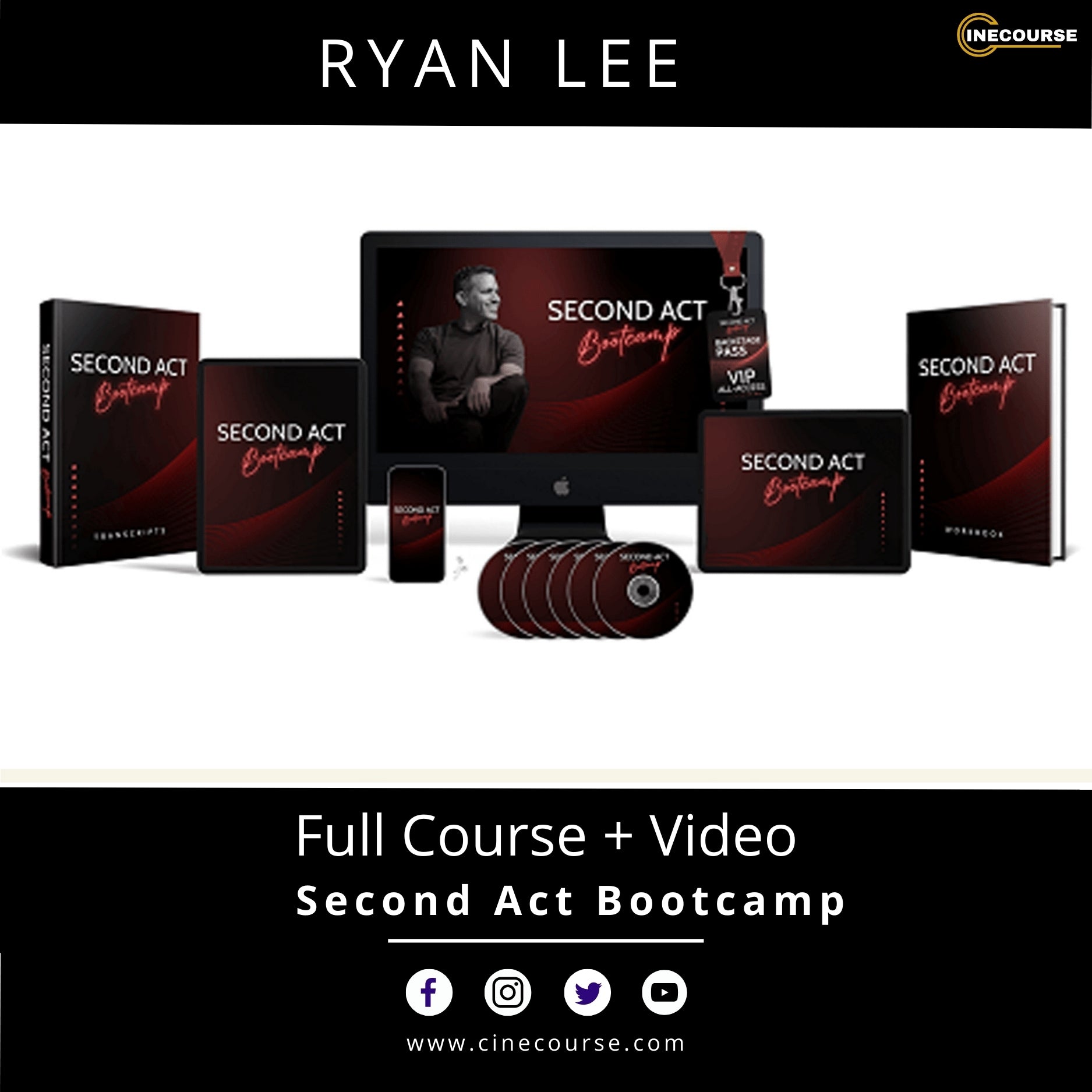 Promotional image of 'Second Act Bootcamp' course materials including books, a computer screen, and DVDs.