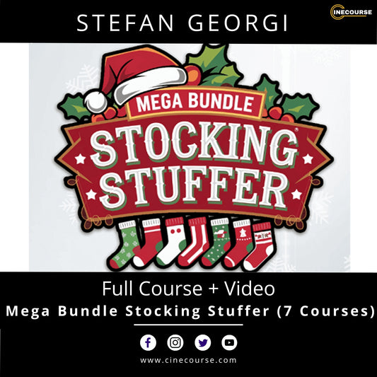 Promotional graphic for a 'Stocking Stuffer' mega bundle course with Christmas-themed design.